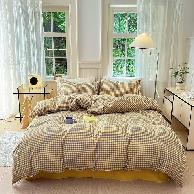 LifeTB Gingham Comforter Set Full Modern Style Purple Yellow Grid Plaid Comforter Set Soft Fluffy Checkered Pattern Comforter with 2 Pillowcases Farmhouse Gingham Grid Bedding Comforter Breathable