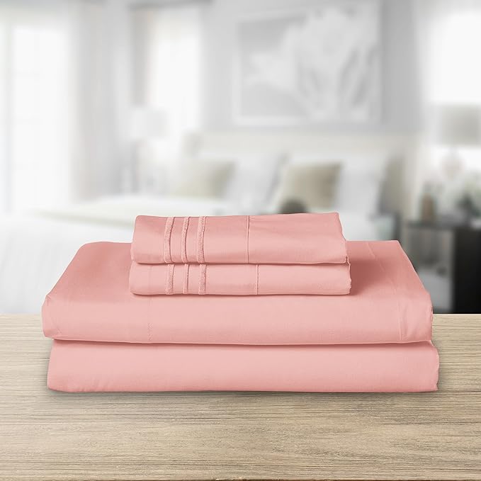 Elegant Comfort Luxurious 1500 Premium Hotel Quality Microfiber Three Line Embroidered Softest 4-Piece Bed Sheet Set, Wrinkle and Fade Resistant, Twin/Twin XL, Dusty Rose