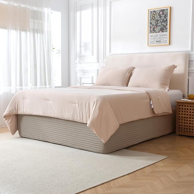 King Size Khaki Bed Skirt with 14-Inch Drop, Easy Fit Wrap-Around Cover for Bed, Wrinkle-Free and Fade-Resistant Box Spring Cover. (Linen Stripes, Queen)