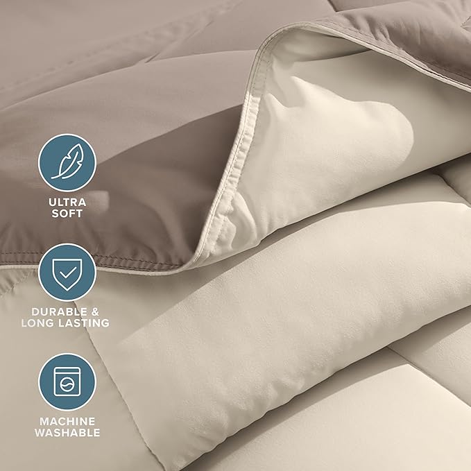 Bare Home Reversible Bed-in-A-Bag Comforter & Sheet Set - Twin - Down Alternative - Soft - Bedding Set (Twin, Taupe/Sand, Sand)