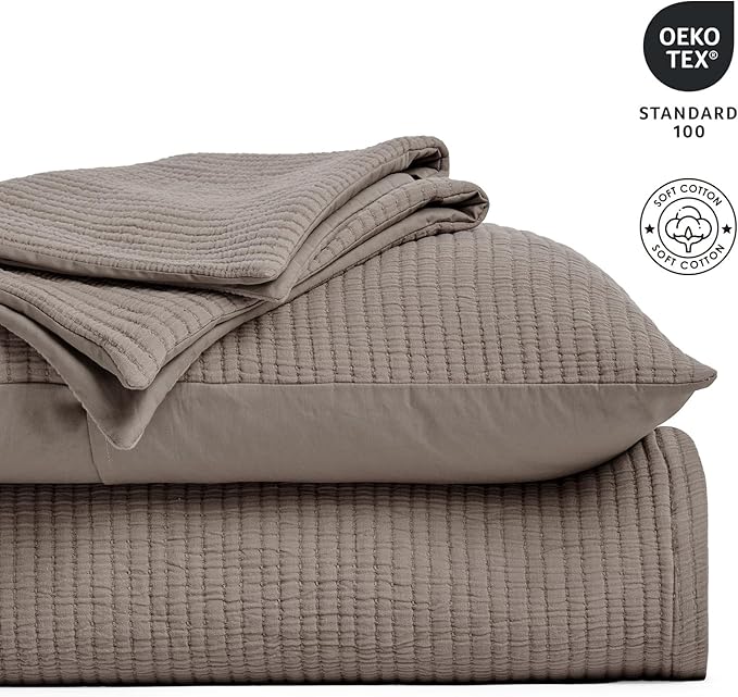 EVERGRACEHOME Cotton Gauze King Bedspread, Ultra Soft Prewashed Pick Stitch Matelassé Coverlet, Lightweight Textured Oversized King Quilt Bedding Set for All Season, with 2 Shams, Mocha Brown