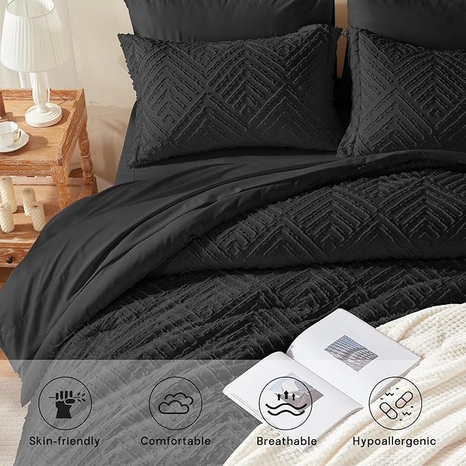 Zzlpp Queen Comforter Set 7 Pieces, Black Tufted Bed in a Bag with Comforter and Sheets,All Season Boho Bedding Sets with Comforter, 2 Pillow Shams, 2 Pillowcases, 1 Flat Sheet, 1 Fitted Sheet
