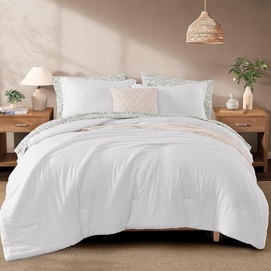 Monbix King Size Comforter Set - 7 Pieces White Prewashed Bed in a Bag King Bedding Sets with Comforters, All Seasons Ultra Soft Comforter Bed Set with Sheets, Pillowcases & Shams