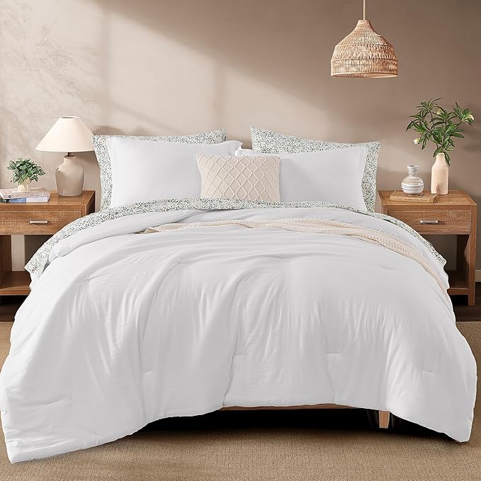 Monbix Queen Comforter Set - 7 Pieces White Prewashed Bed in a Bag Queen Bedding Sets with Comforters, All Seasons Ultra Soft Comforter Bed Set with Sheets, Pillowcases & Shams