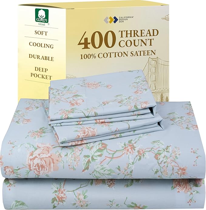 California Design Den Floral Printed Queen Sheet Set - 400 Thread Count Sateen, Natural 100% Cotton Sheets Queen Size Bed Set, Deep Pockets, and Durable Bedding - Antique Rose