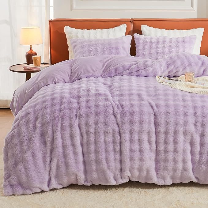 EMME Faux Fur Duvet Cover King Size, 3 Pieces Ultra Soft Fluffy Comforter Cover, Cozy Warm for Winter, Luxury Elegant Shaggy Bubble Design Bedding, 1 Duvet Cover & 2 Pillow Shams (King, Purple)