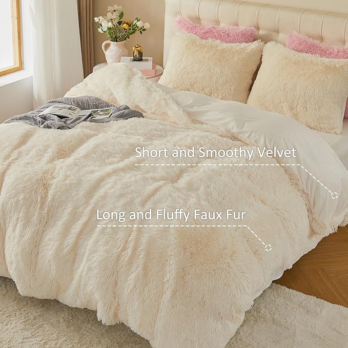 EMME Luxury Fuzzy Duvet Cover Set Twin Size Fluffy Comforter Cover Set for Twin Bed 2 Pieces Shaggy and Plush Soft Bedding Duvet Covers (Cream White, Twin)