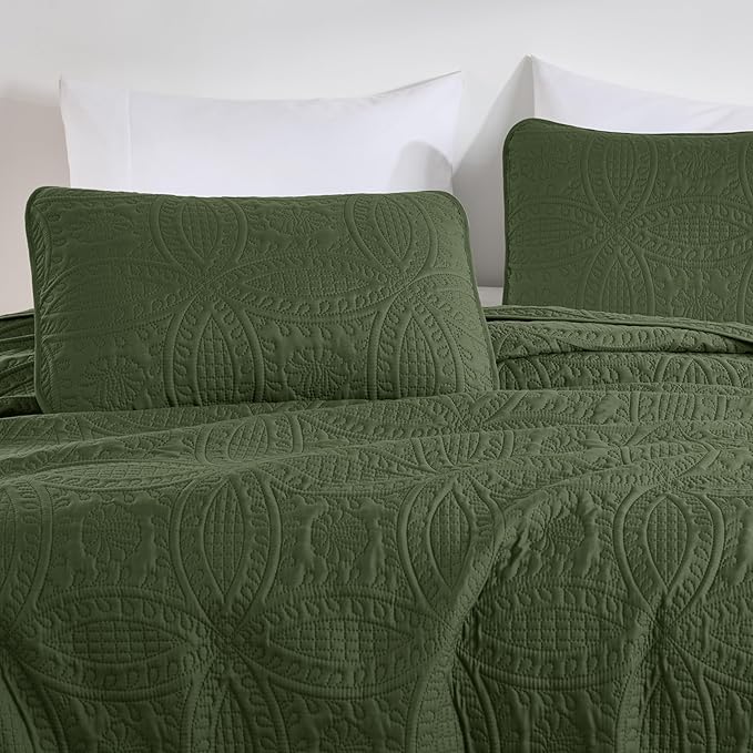 Chezmoi Collection Austin King Oversized Bedspread Set, 3-Piece Pinsonic Quilted Lightweight Microfiber Bedspread Coverlet, Olive Green
