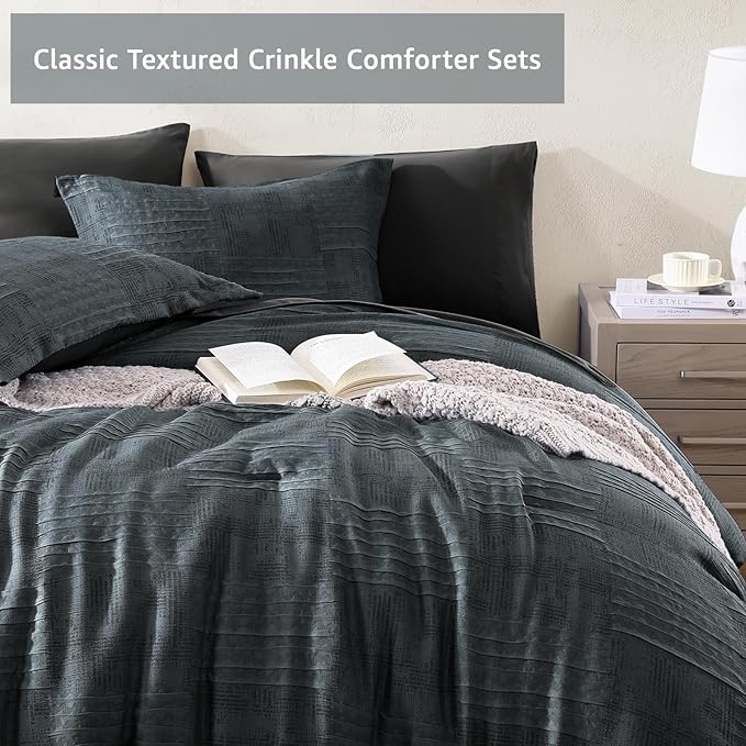 MaiRêve King Comforter Set Blue Grey, Textured Design Crinkle Bedding Sets 7 Pieces, All Season Bed in A Bag with Comforter, Sheets, Pillowcases & Shams