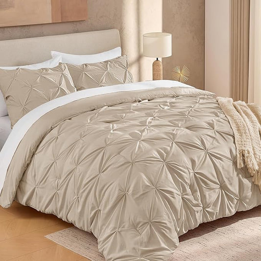 Andency Full Comforter Set Khaki, 3 Pieces Pinch Pleat Bedding Comforters & Sets, Pintuck Lightweight Fluffy All Season Bed Set for Women Men Girls(79x90Inch)