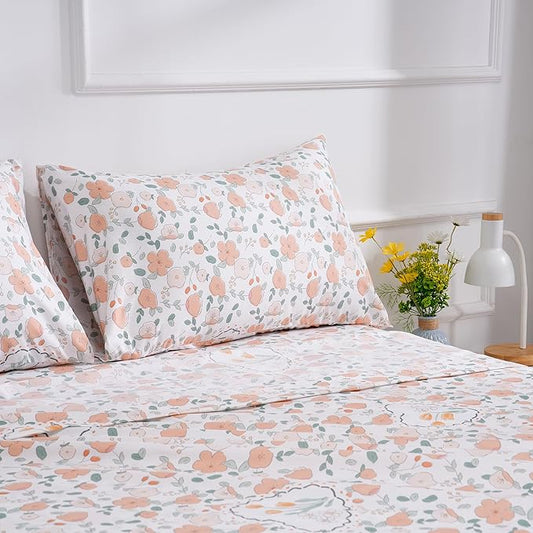 Spring Floral Printed Sheet Set Full Size, 4 Piece Soft Botanical Microfiber Sheets and Pillowcases - Deep Pocket, Wrinkle Free and Soft Bed Sheets Set Bedding Decor