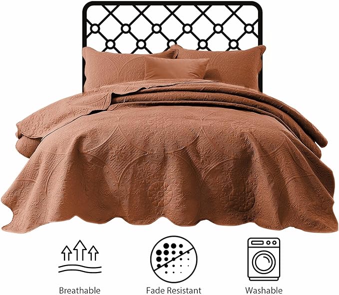 IR Imperial Rooms California King Quilt Bedding Set Size (118"x106") + 2 Pillow Shams (20" x 36"+ 2") - 3 Pcs All Season Reversible Microfiber Coverlet Embossed Floral Quilt Bedspread (Rust)