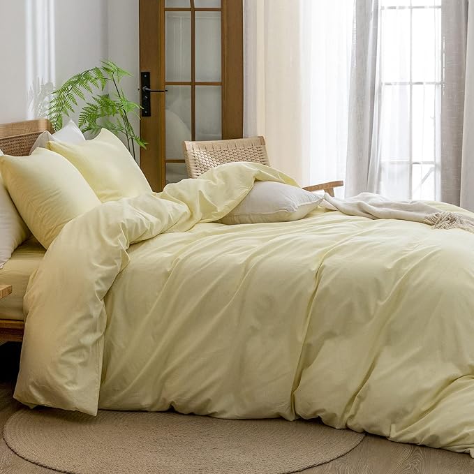 BESTOUCH Duvet Cover Set 100% Washed Cotton Linen Feel Super Soft Comfortable Chic Lightweight 3 PCs Home Bedding Set Solid Light Yellow Cal King