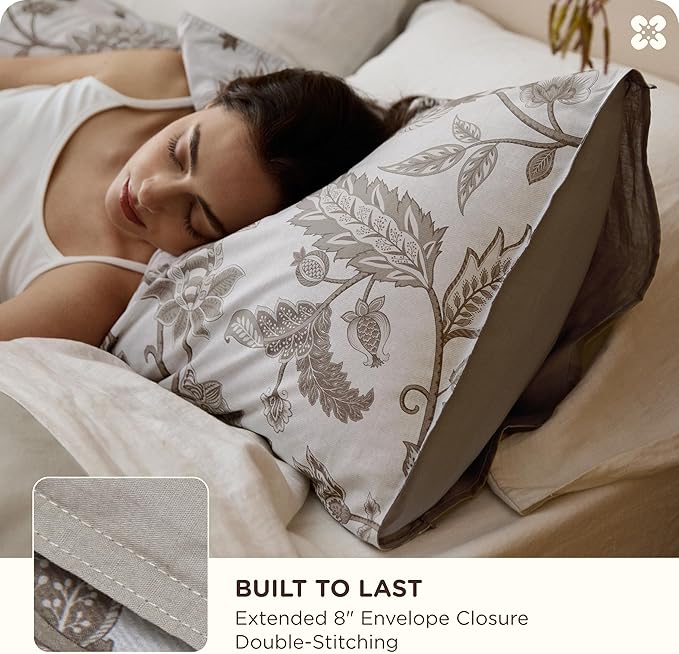 Bedsure 100% Cotton Reversible Floral Duvet Cover Queen Size - Entwined Vines Pattern Printed Comforter Cover with Zipper Closure & 2 Pillow Shams, Comforter Sold Separately (Linen Vines, 90"x90")