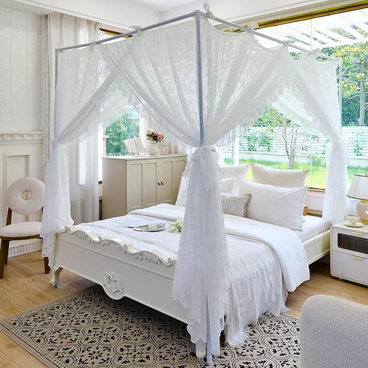 AIKASY Elegant Lace Princess 4-Poster Bed Canopy Mosquito Net - Romantic Wedding Bridal Bedroom Decor, Kids Room Bed Curtain for Women Adults - (White-3,King)