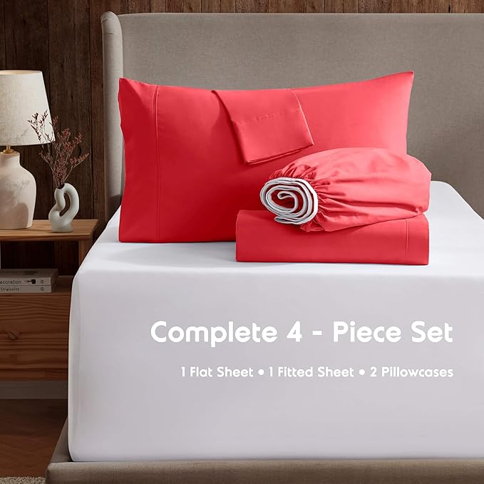 Nestl Full XL Sheet Set - Luxury 1800 Ultra-Soft Microfiber Full Extra Long Bed Sheets - Double Brushed - Deep Pockets - Easy Fit - 4 Piece Set - Bedding Sheets & Pillowcases (Full XL, Red)