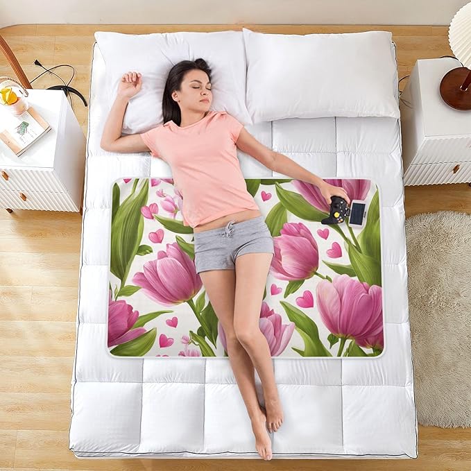 Waterproof Bed Pad Reusable Changing Pad Toddler Mattress Protector Large Pee Pad Baby Diaper Pad Soft Washable Liner Pink Fresh Tulips and Hearts