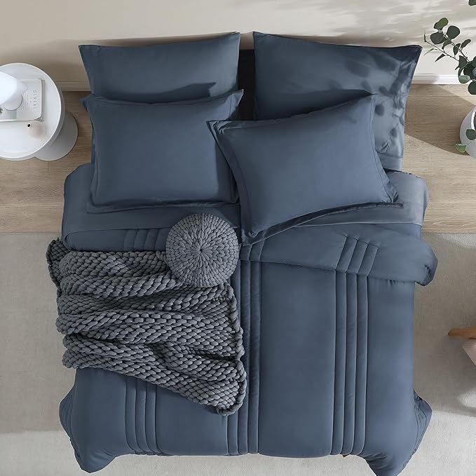 Monbix Oversized Queen Comforter Set - 7 Pieces Blue Grey Bed in a Bag Oversized Queen Bedding Sets with Comforters, All Seasons Comforter Bed Set with Sheets, Pillowcases & Shams