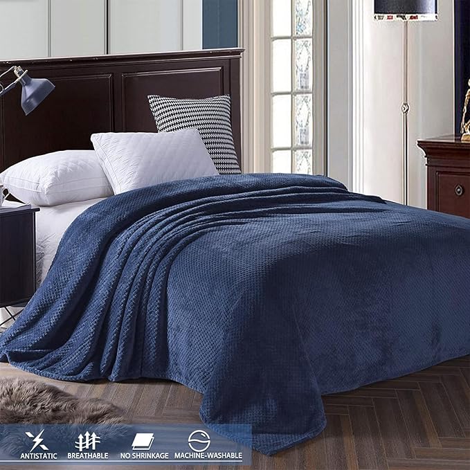 Exclusivo Mezcla Fleece Bed Blanket Queen Size, Super Soft and Warm Blankets for Couch, Sofa and Bed Waffle Textured, Cozy, Fuzzy and Lightweight (Navy Blue, 90x90 Inches)