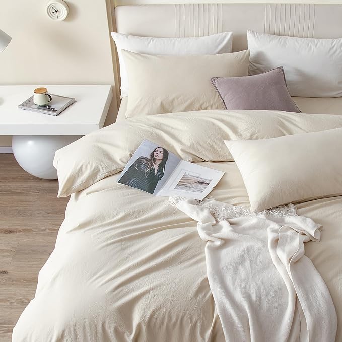 JIYUAN 100% Washed Cotton Duvet Cover Set 3 Pieces Oversized Queen, 1 Duvet Cover 98x98 Inches(Comforter Not Included) and 2 Pillowcases,Linen Feel Bedding Set Comfy and Breathable,Heathered Beige