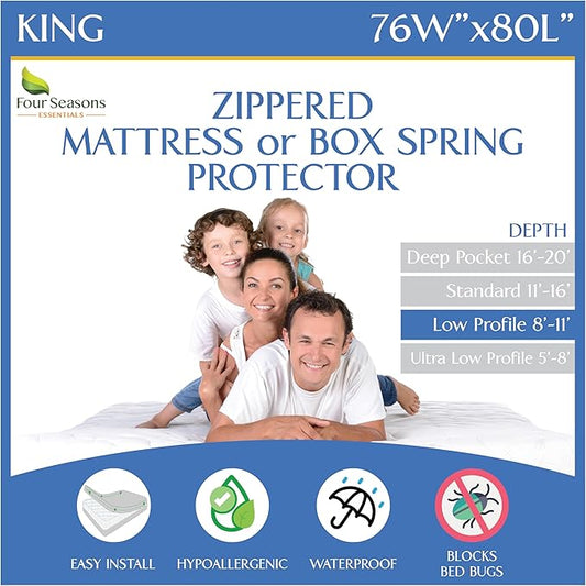 King Zippered Mattress Protector (8"-11" Depth) Waterproof Encasement Premium Quality Hypoallergenic Bed Cover Protects from Dust White