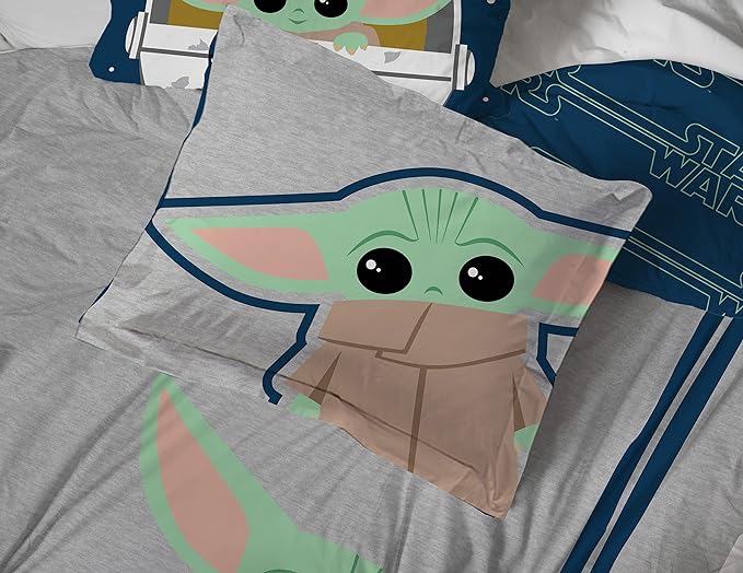 Jay Franco Star Wars The Mandalorian Hello Grogu 7 Piece Queen Size Bed Set - Includes Comforter & Sheet Set - Super Soft Kids Bedding Fade Resistant Microfiber (Official Star Wars Product)