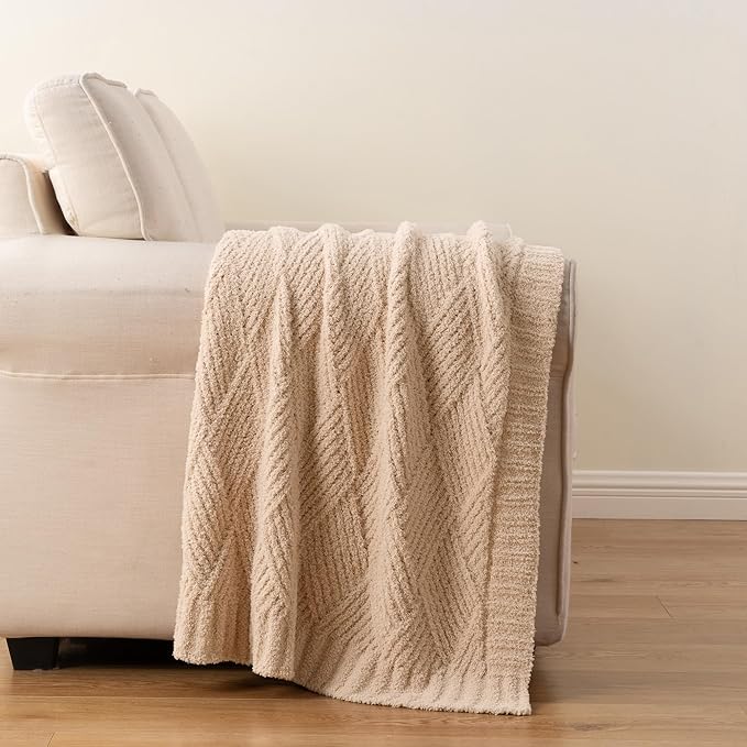 Battilo Beige Diamond Knit Throw Blanket for Couch and Bed, Soft Textured Chenille Blanket, Cozy Lightweight Decorative Blanket for Sofa, 50"x60"