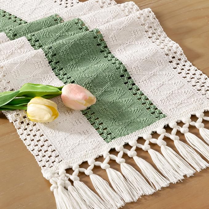 Socomi Boho Table Runner Easter Spring Farmhouse Rustic Dining Kitchen Small Macrame Woven Cotton Linen Coffee Table Runner for Dresser Scarf Home Decor 12x36 inch Sage Green Ivory