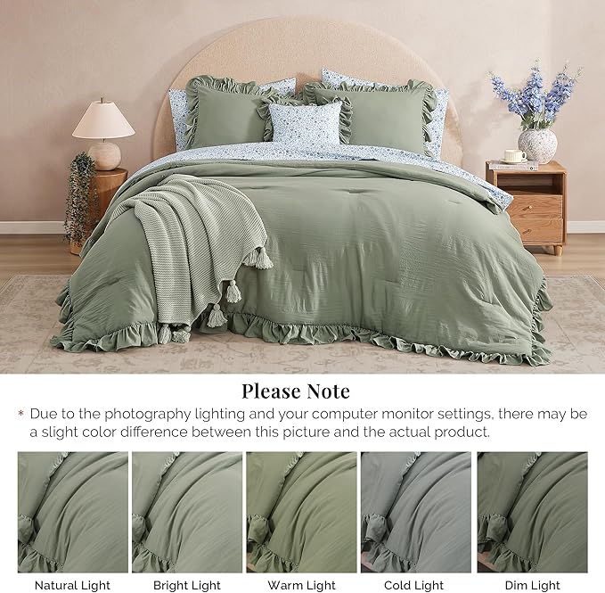 Oversized Queen Comforter Set - 7 Pieces Ruffle Sage Leaf Bedding Sets, Shabby Chic Farmhouse Bed in a Bag with Ruffle Comforter, Floral Sheets, Pillowcases & Shams