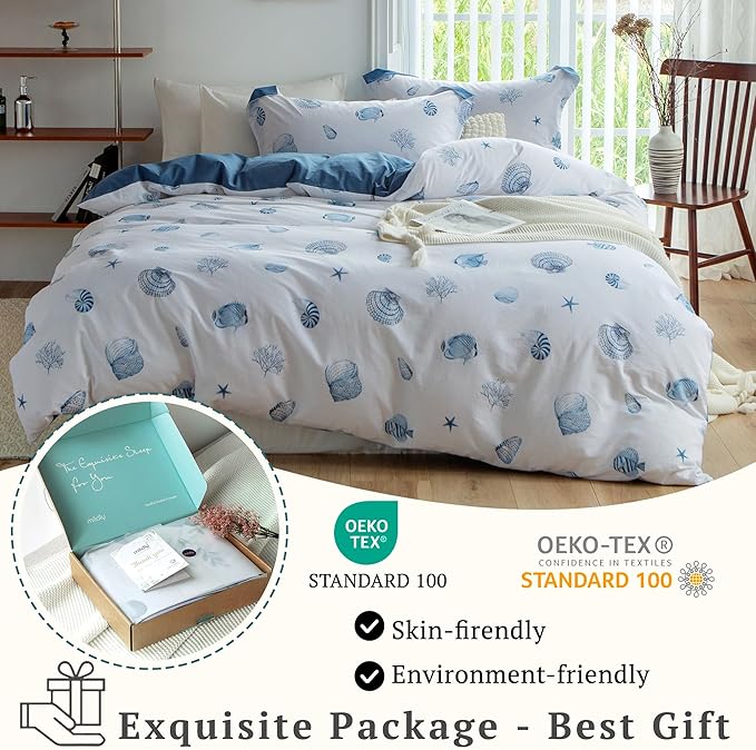 MILDLY 100% Washed Cotton Duvet Cover - Seashell Blue Comforter Cover Set Nautical Coastal Pattern Bedding Set with Zipper Closure 4 Ties Full Size
