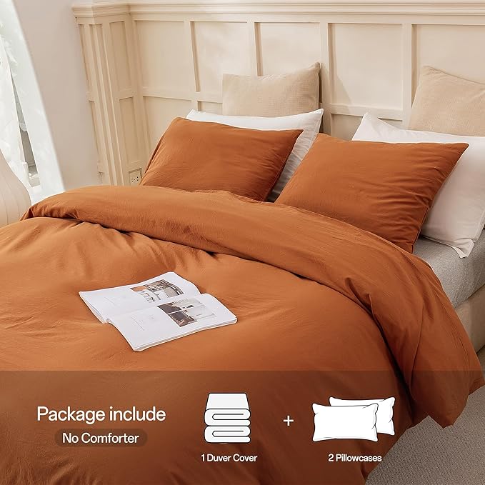 ECOCOTT 100% Washed Cotton Duvet Cover Twin Size – Soft & Breathable Linen Feel Bedding Set, 3 Pieces Brown Comforter Cover with Zipper Closure for All Seasons