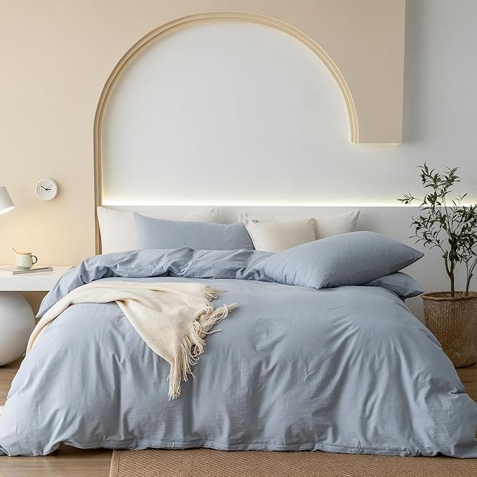 JIYUAN 100% Washed Cotton Duvet Cover Set 3 Pieces Super King, 1 Duvet Cover 108x98 Inches(Comforter Not Included) and 2 Pillowcases,Linen Feel Bedding Set Comfy and Breathable, Heathered Light Blue
