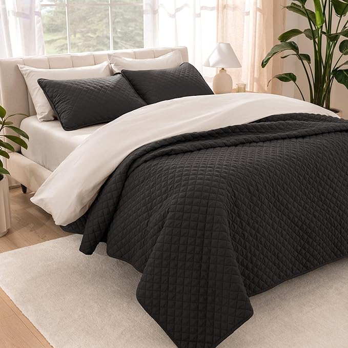 Bare Home Coverlet Set - Twin/Twin Extra Long - Lightweight Bed Decor - Comforter Alternative - All-Season Quilted Bedspread (Twin/Twin XL, Black)