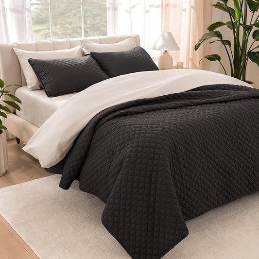 Bare Home Coverlet Set - King Size - Lightweight Bed Decor - Comforter Alternative - All-Season Quilted Bedspread (King, Black)