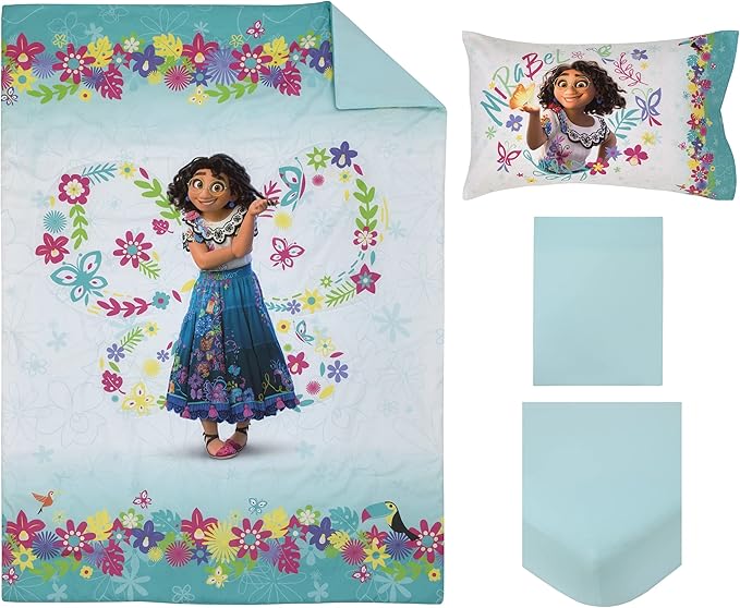 Disney Encanto Tropical Delight Pink and Aqua Flowers and Butterflies 4 Piece Toddler Bedding Set - Comforter, Fitted Bottom Sheet, Flat Top Sheet and Reversible Pillowcase