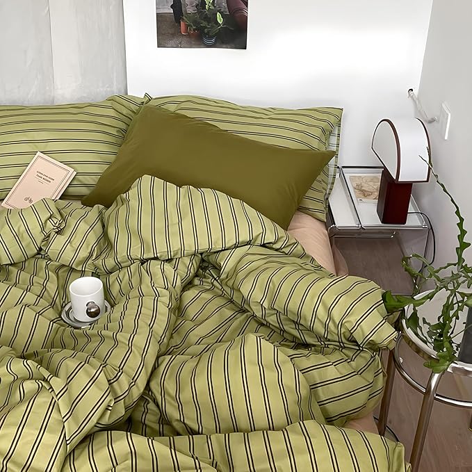 mixinni Vintage Stripes Duvet Cover Set Queen - 3-Piece Mid-Century Cotton Olive & Taupe Striped Bedding, Soft Breathable All-Season Comforter Cover with Zipper Closure & Corner Ties-Queen Size
