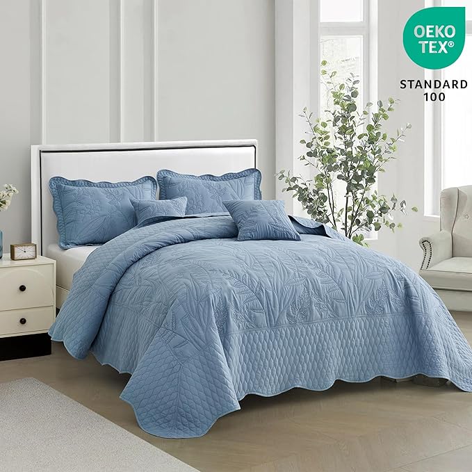 Botanical Oversized Bedspread Queen Size - Leaves Pattern Stitching Quilt Set - Elegant & Fresh Style Bedding Coverlets, Reversible, Lightweight, 5 Piece, Ashley Blue