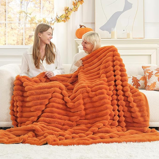 Cozy Bliss Faux Fur Throw Blanket for Couch, Cozy Warm Plush Striped Blanket for Sofa Bedroom Living Room, 60 * 80 Inches Burnt Orange