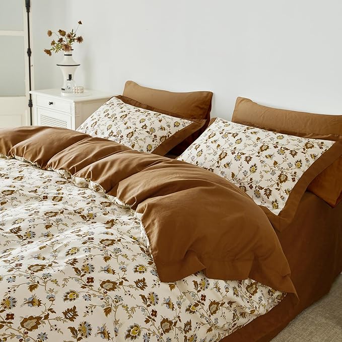 YuHeGuoJi Caramel Floral Duvet Cover Queen 100% Cotton 3 Pcs Set 1 Burnt Orange Paisley Flower Duvet Cover with Zipper Ties 2 Pillow Shams Boho Flower Decorative Brown Wide Trim Bedding Set Soft