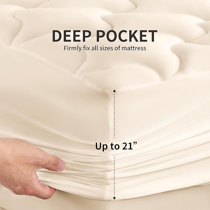 SLEEP ZONE Mattress Pad, Quilted Fitted Mattress Protector with 8-21 inch Deep Pocket, Comfortable Mattress Topper, Breathable Mattress Cover for All Ages (Beige, California King)