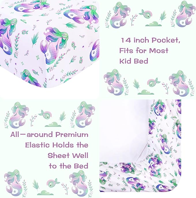 Kids Sheet Set Twin Size, Twin Sheet Set with Mermaid Pattern，Breathable Silky Soft Microfiber Kids Fitted Sheet