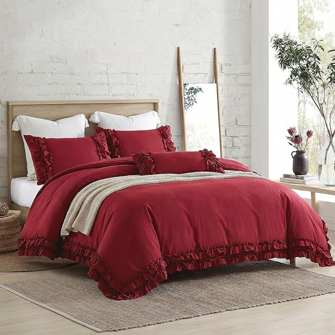 Burgundy Duvet Cover Queen Size Ruffled Bedding Set Vintage Lace Ruffle Elegant Bedroom Decor Shabby Chic Farmhouse Style Boho Chic Duvet Cover Set for All Season