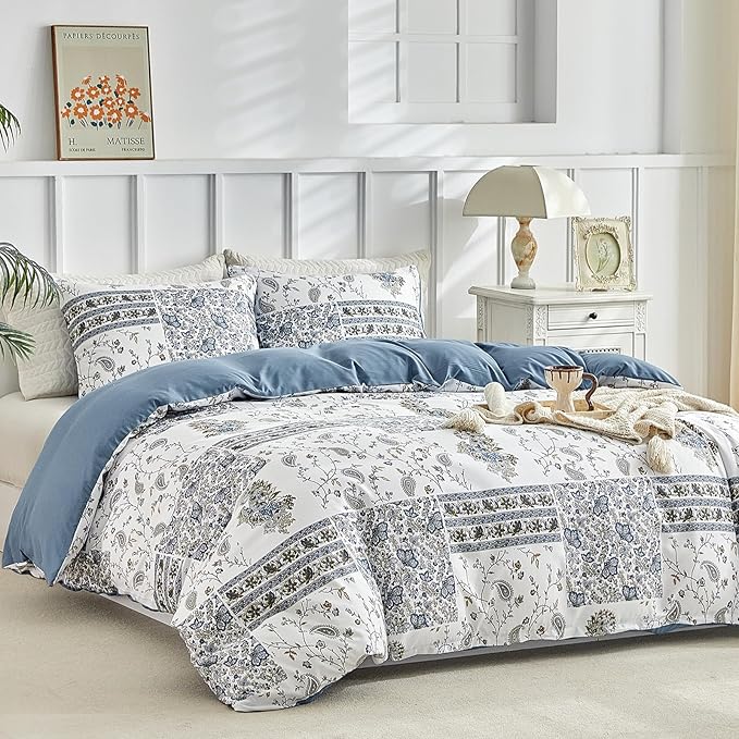 Lekesky King Size Duvet Cover Set, Patchwork Floral 3 Pieces Reversible Blue Paisley Duvet Cover Set, Ultra-Soft Microfiber 3 Pieces Comforter Cover with Zipper, Includes 2 Pillowcases