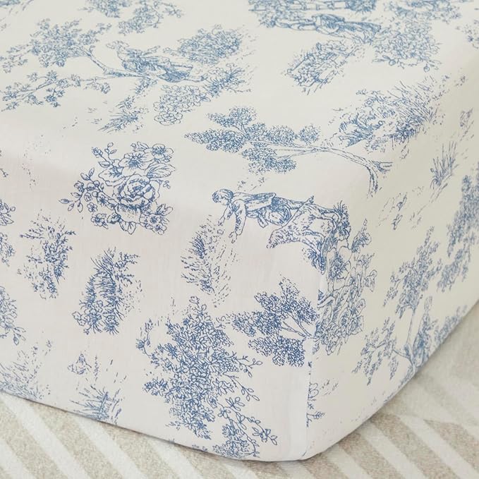 Brandream French Country Toile Crib Bedding Set for Girls Vintage Blue Toile Floral Print 100% Cotton Baby Girl Nursery Bedding Collection - Ruffles Quilt,Toile Crib Sheet,Crib Bed Skirt 3 Pieces