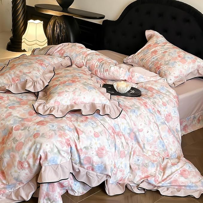 HighBuy Ruffle Duvet Cover Queen Size,Vintage Lace Floral Botanical 100% Brushed Cotton Bedding Set for Women Girls,Farmhouse Bedding Super Soft Comfortable Boho Chic Lightweight 3 Pieces