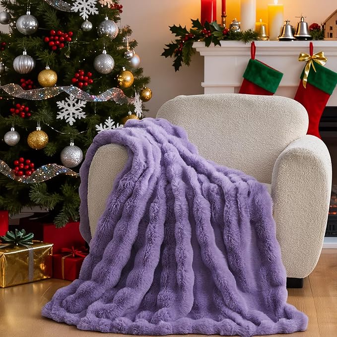 Lotus Karen Faux Fur Throw Blanket Purple - Big Bubble Rabbit Fluff King Blankets for The Bed,Softest Fluffy Fuzzy Cozy Blanket,Thick Furry Plush Shaggy Warm Blankets for Women,108x90 Inches