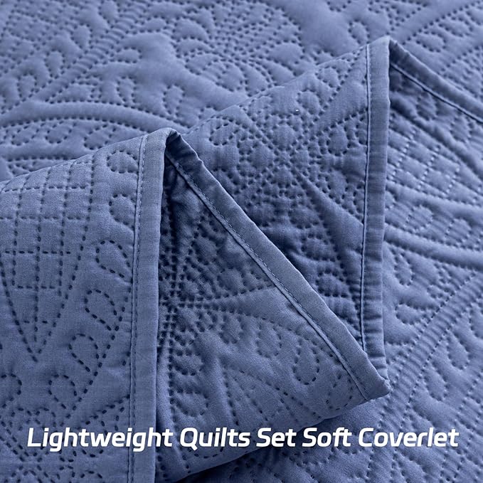 SheRest King Quilt Bedding Set - Grayish Blue Soft Breathable Bed Quilt, Modern Style Embossed Bedspreads, Lightweight Microfiber Reversible Coverlet for All Seasons-3 Pieces (1 Quilt,2 Pillow Shams)