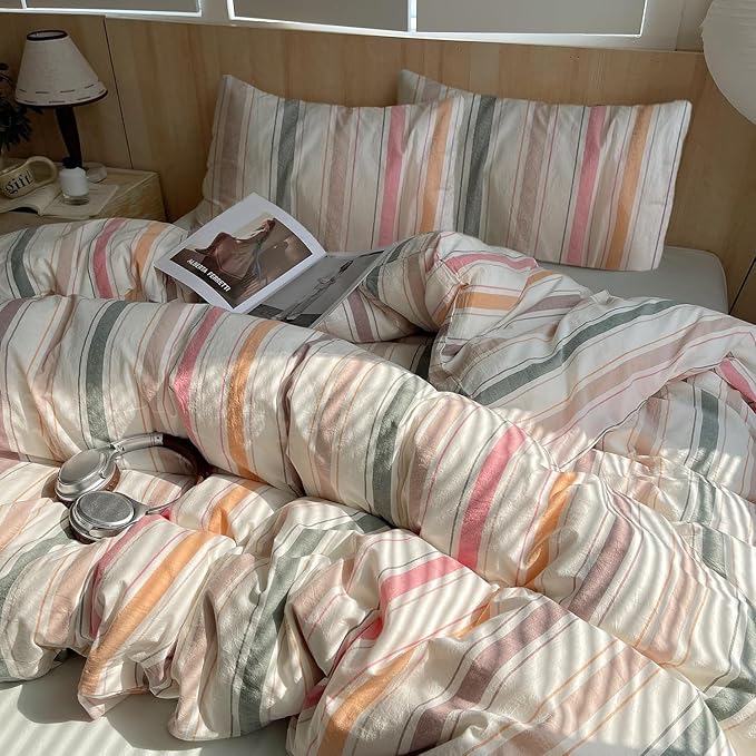 LifeTB Multicolor Striped Duvet Cover Set Queen, 100% Washed Cotton Stripes Pattern Comforter Cover, 3 Pieces Colorful Striped Bedding Set Farmhouse Breathable Duvet Cover with 2 Pillowcases