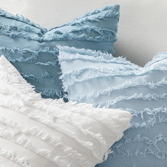 MIULEE Set of 2 Decorative Boho Throw Pillow Covers Linen Striped Jacquard Pattern Summer Cushion Covers for Sofa Couch Living Room Bedroom 20x20 Inch Light Blue