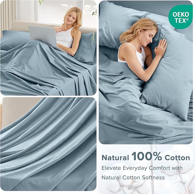 Comfort Spaces Extra Deep Pocket, 100% Cotton Sheets Queen Fits up to 24" Mattress, Breathable, Naturally Cool Cotton, Soft Cotton, All Seasons Sheet Set, Blue 4 Piece